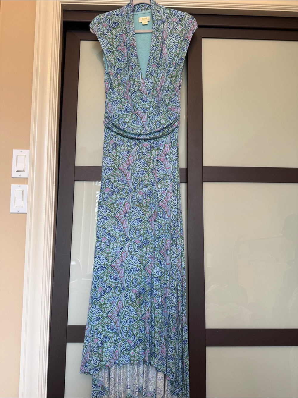Maeve Paisley Print Wrap Maxi Dress in Light Blue, Pink, and Green